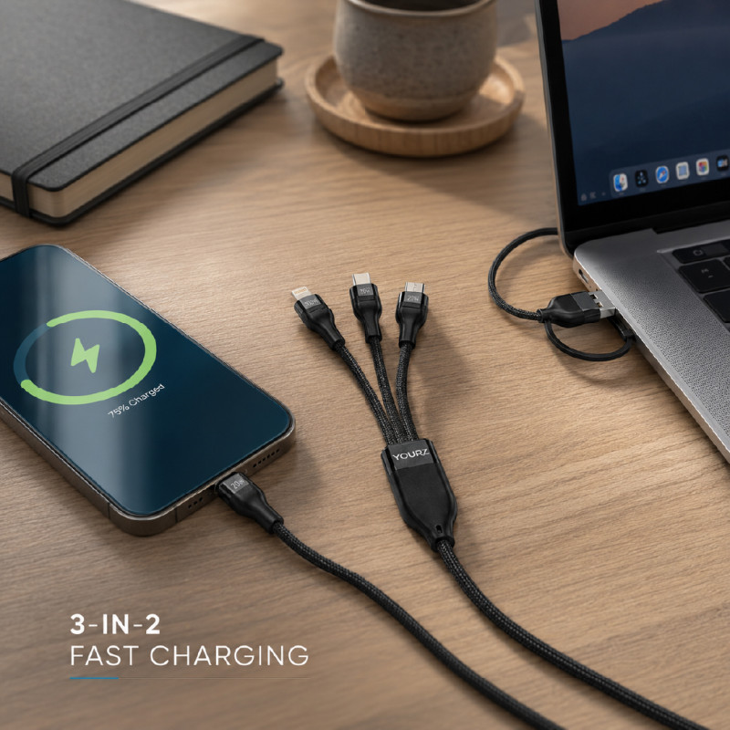 YOURZ 3-in-2 Fast Charging Cable with Multi-Connector Design – 125 CM – Black