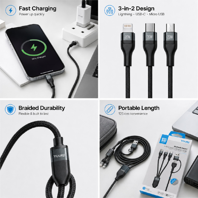 YOURZ 3-in-2 Fast Charging Cable with Multi-Connector Design – 125 CM – Black
