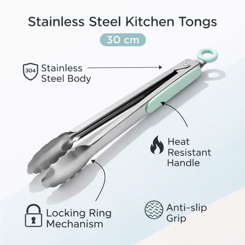 Professional 30cm Stainless Steel Kitchen Tongs – Mint Green Silicone Tips