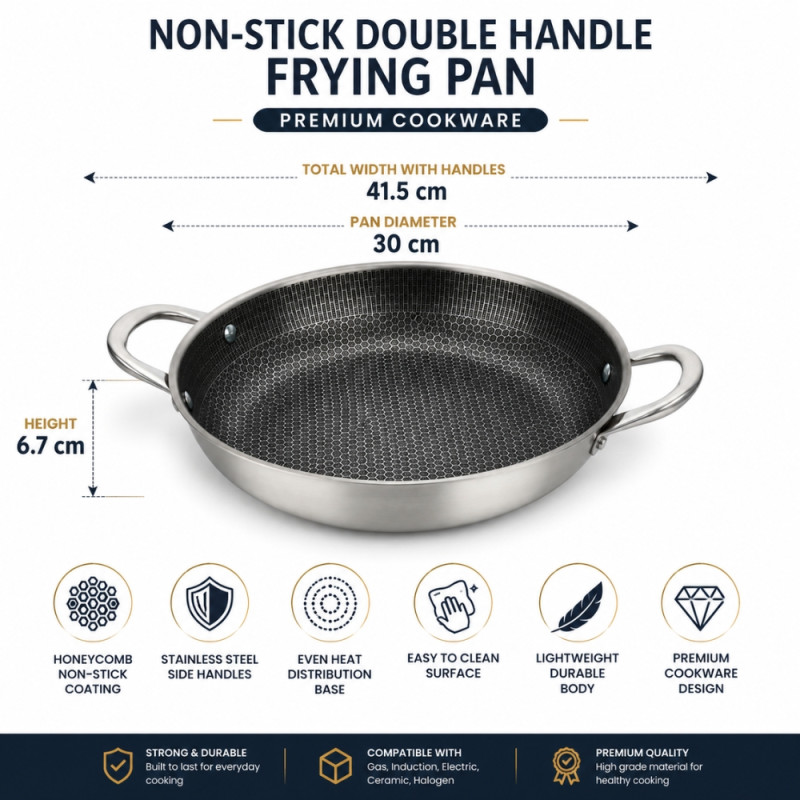 Premium Stainless Steel Frying Pan with Honeycomb Non-Stick Coating. – Silver & Black (30cm)