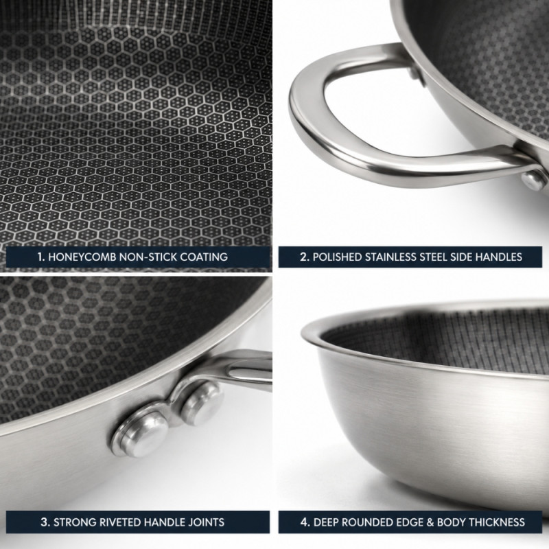 Premium Stainless Steel Frying Pan with Honeycomb Non-Stick Coating. – Silver & Black (30cm)