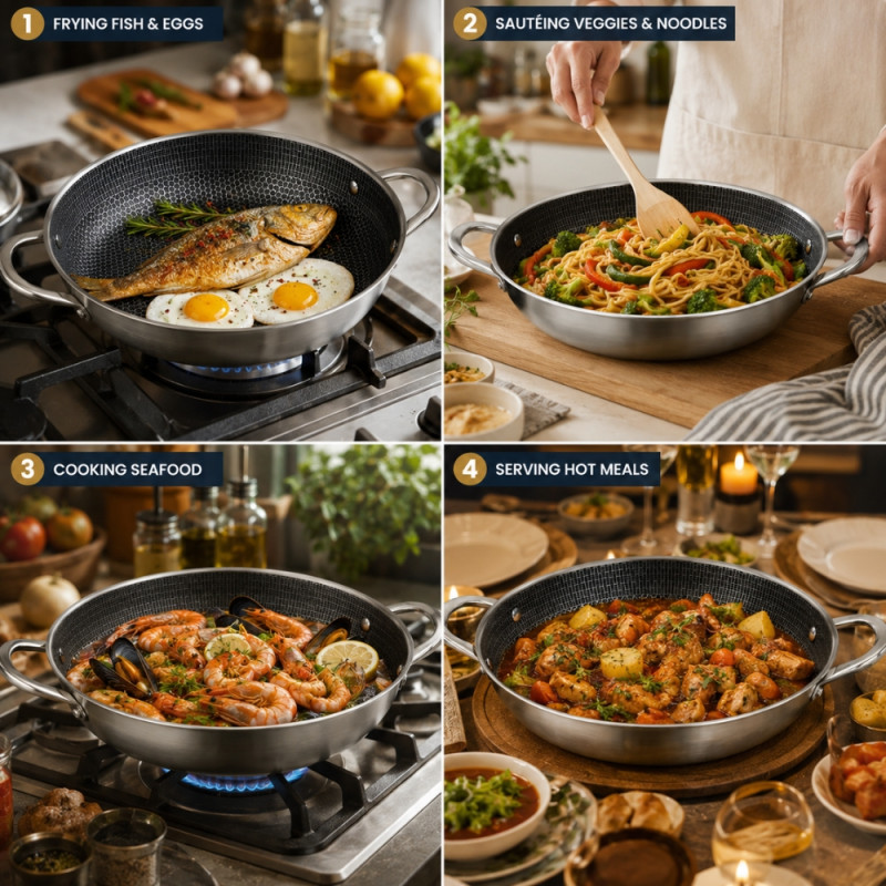 Premium Stainless Steel Frying Pan with Honeycomb Non-Stick Coating. – Silver & Black (30cm)
