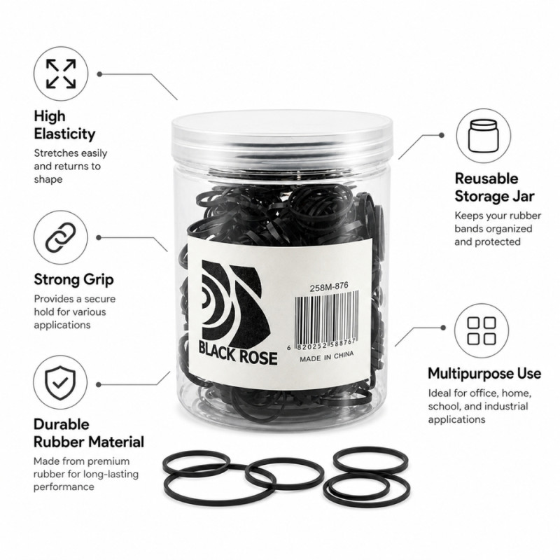 Professional Black Rose Strong Elastic Rubber Bands – Black Heavy-Duty Latex (Item 258M-875)