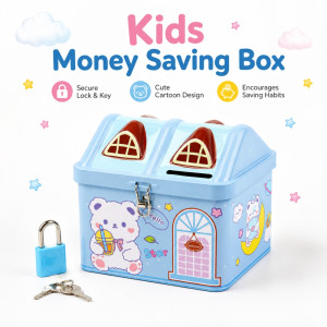 Kids' Mini House-Shaped Metal Piggy Bank – Cartoon Bear Design with Key Lock (11x11.5x9cm)