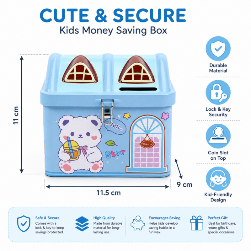 Kids' Mini House-Shaped Metal Piggy Bank – Cartoon Bear Design with Key Lock (11x11.5x9cm)