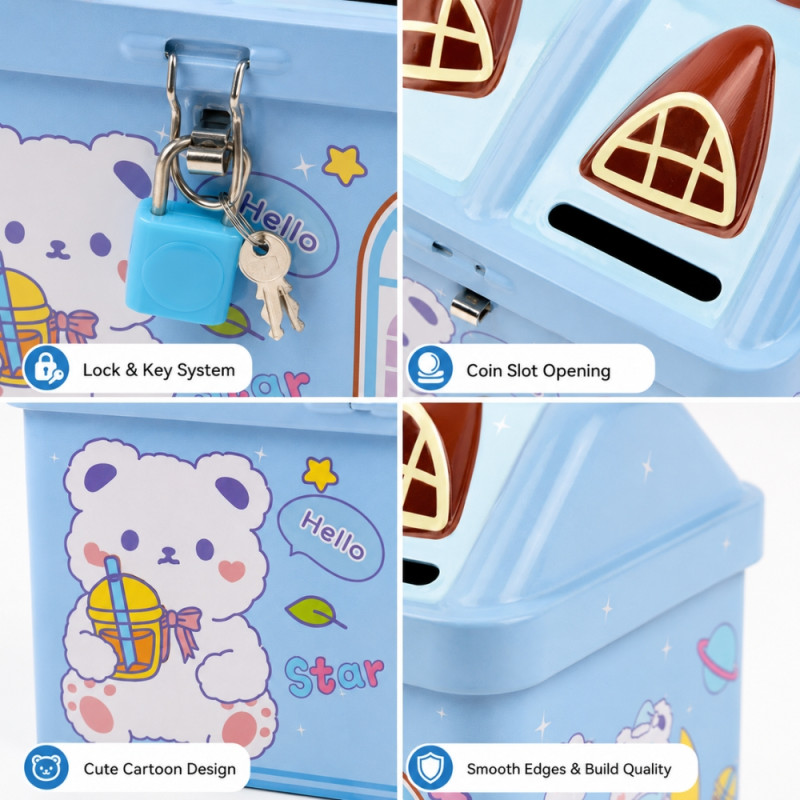 Kids' Mini House-Shaped Metal Piggy Bank – Cartoon Bear Design with Key Lock (11x11.5x9cm)