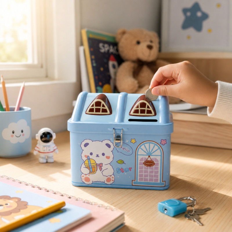 Kids' Mini House-Shaped Metal Piggy Bank – Cartoon Bear Design with Key Lock (11x11.5x9cm)