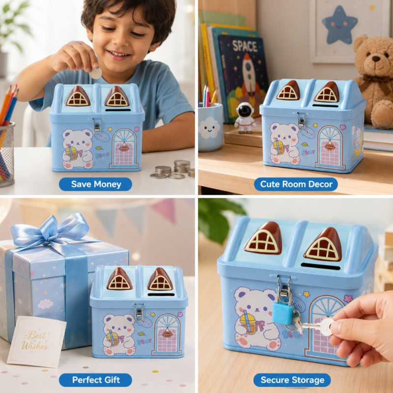 Kids' Mini House-Shaped Metal Piggy Bank – Cartoon Bear Design with Key Lock (11x11.5x9cm)