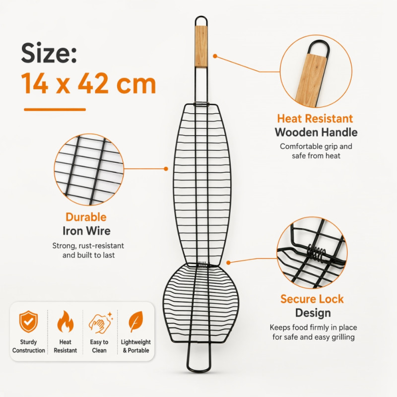 Professional Stainless Steel Fish Grilling Basket – Heavy-Duty Silver Seafood Grill (14x42cm)