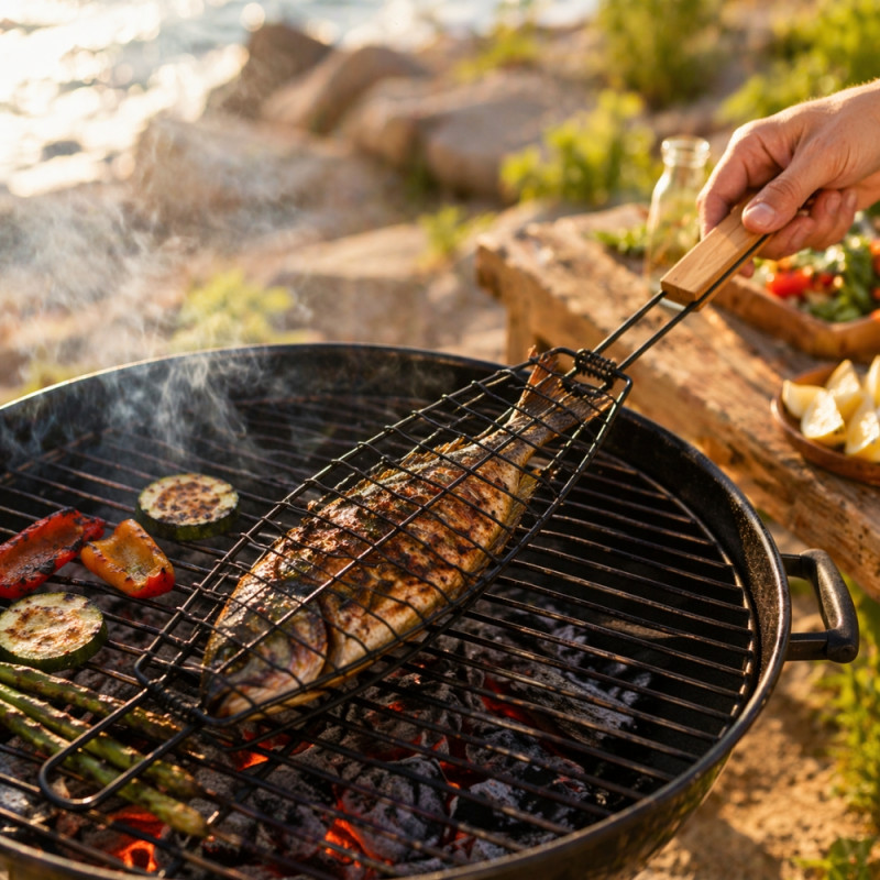 Professional Stainless Steel Fish Grilling Basket – Heavy-Duty Silver Seafood Grill (14x42cm)
