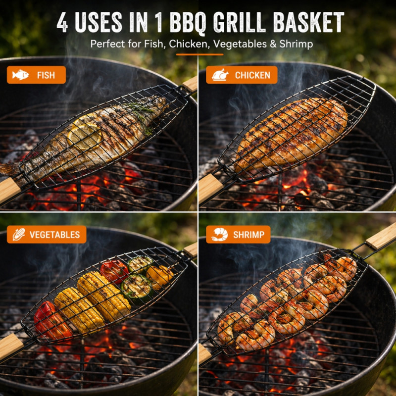 Professional Stainless Steel Fish Grilling Basket – Heavy-Duty Silver Seafood Grill (14x42cm)
