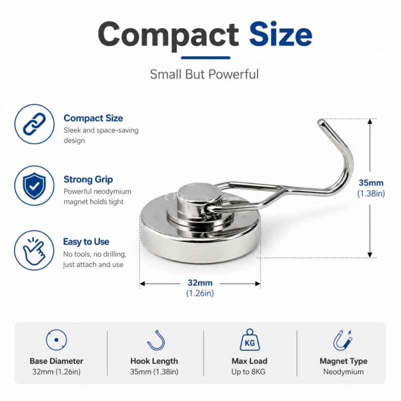 Professional Neodymium Heavy-Duty Magnetic Hook – 8KG Load Capacity (32mm)