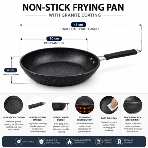 Elegant 30 cm Scoville non-stick frying pan features a durable granite coating and is suitable for all cookers, including induction hobs – Black (30cm)