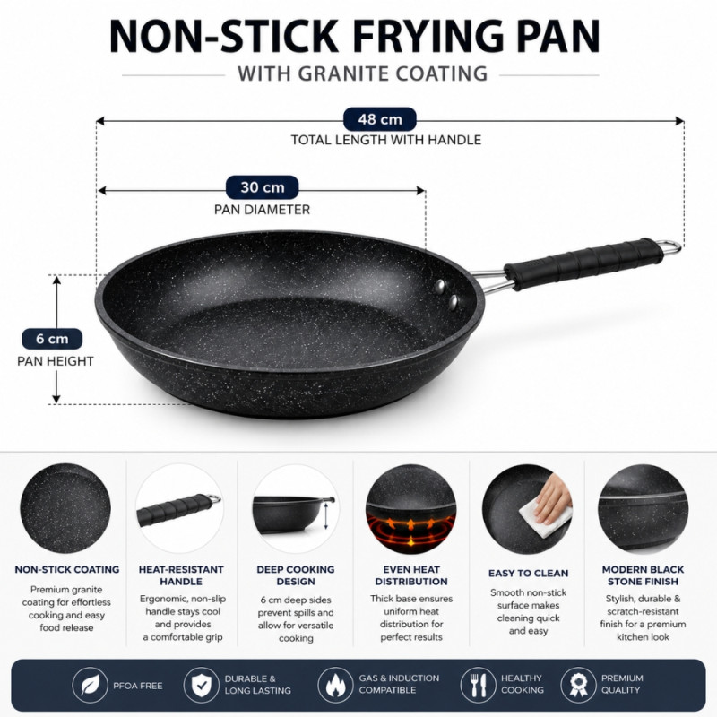 Elegant 30 cm Scoville non-stick frying pan features a durable granite coating and is suitable for all cookers, including induction hobs – Black (30cm)