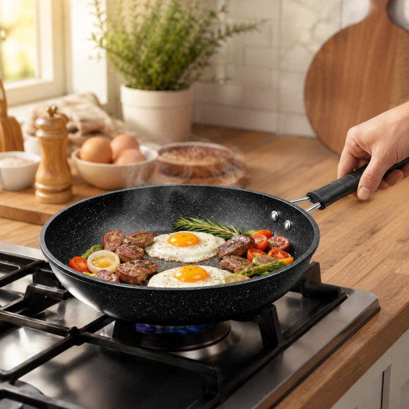 Elegant 30 cm Scoville non-stick frying pan features a durable granite coating and is suitable for all cookers, including induction hobs – Black (30cm)