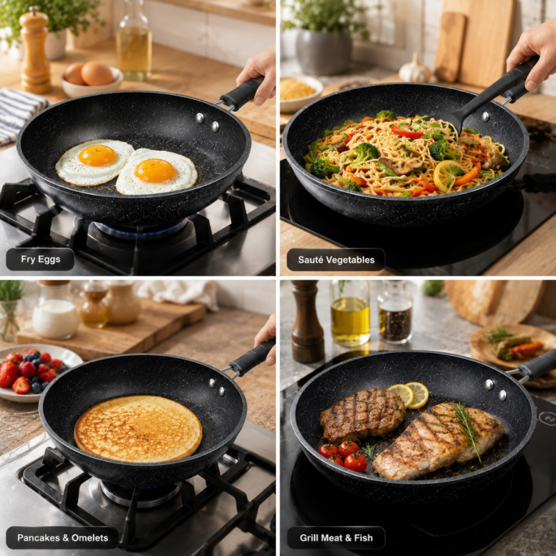 Elegant 30 cm Scoville non-stick frying pan features a durable granite coating and is suitable for all cookers, including induction hobs – Black (30cm)