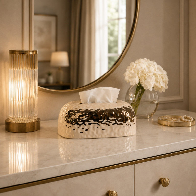 Auric Shine Tissue Box Cover Designed for Modern Living & Home Comfort – Golden (H-14cm x W-23cm)