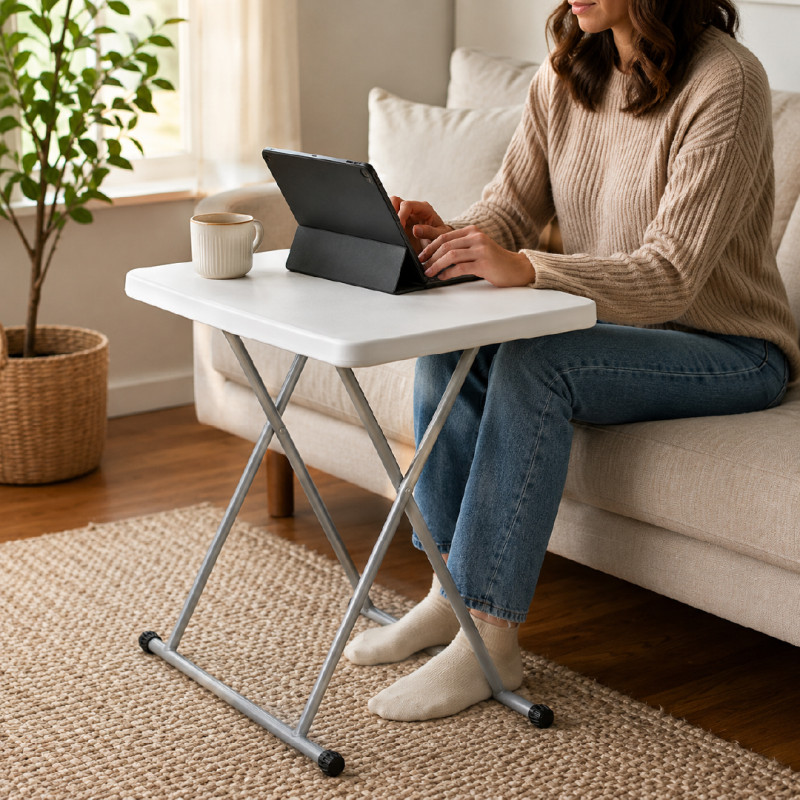 Portable Folding Table with Adjustable Height Legs and a Plastic Top