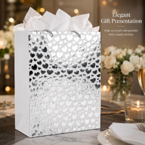 Elegant Heart Design Paper Gift Bag – Shimmering Silver (32cm)