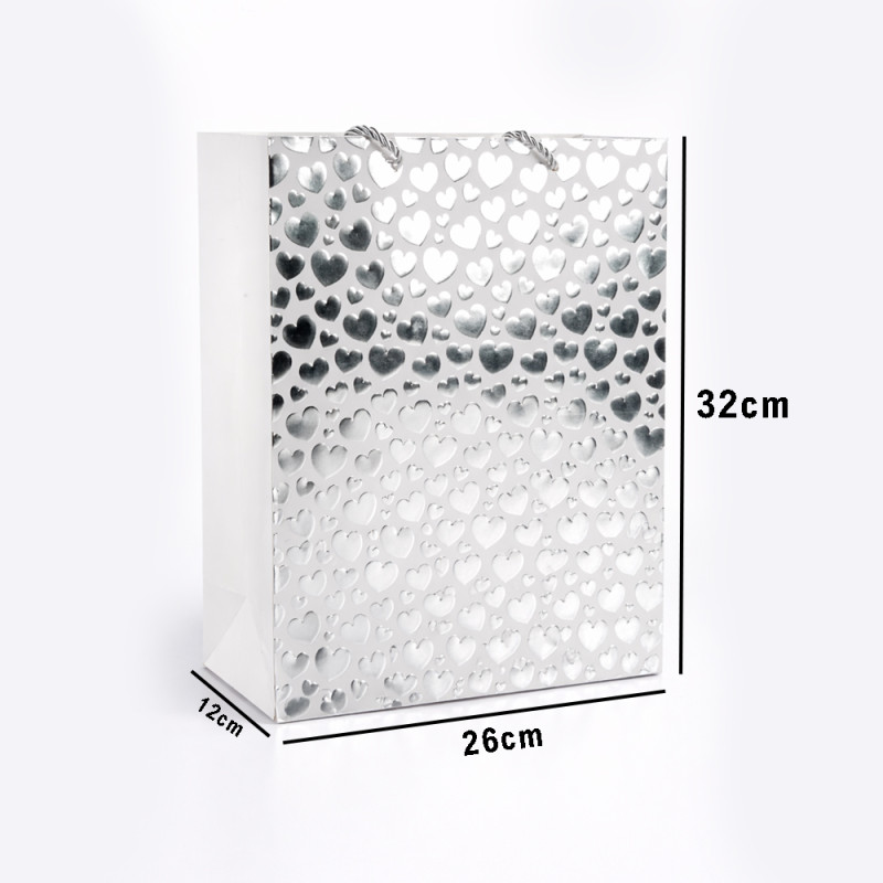 Elegant Heart Design Paper Gift Bag – Shimmering Silver (32cm)