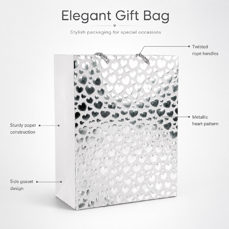 Elegant Heart Design Paper Gift Bag – Shimmering Silver (32cm)