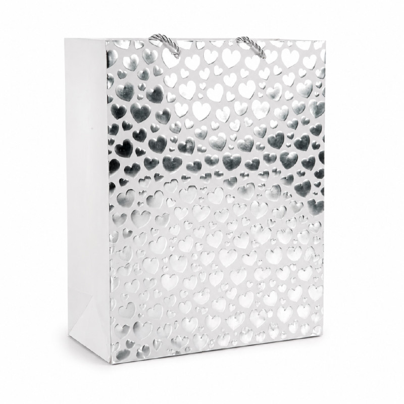 Elegant Heart Design Paper Gift Bag – Shimmering Silver (32cm)