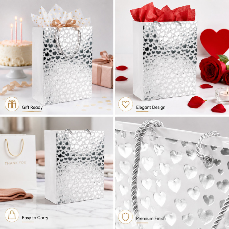 Elegant Heart Design Paper Gift Bag – Shimmering Silver (32cm)