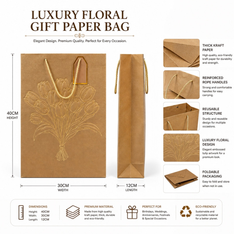 Luxury Gold Floral Paper Gift Bag – Elegant Botanical Design (40cm)