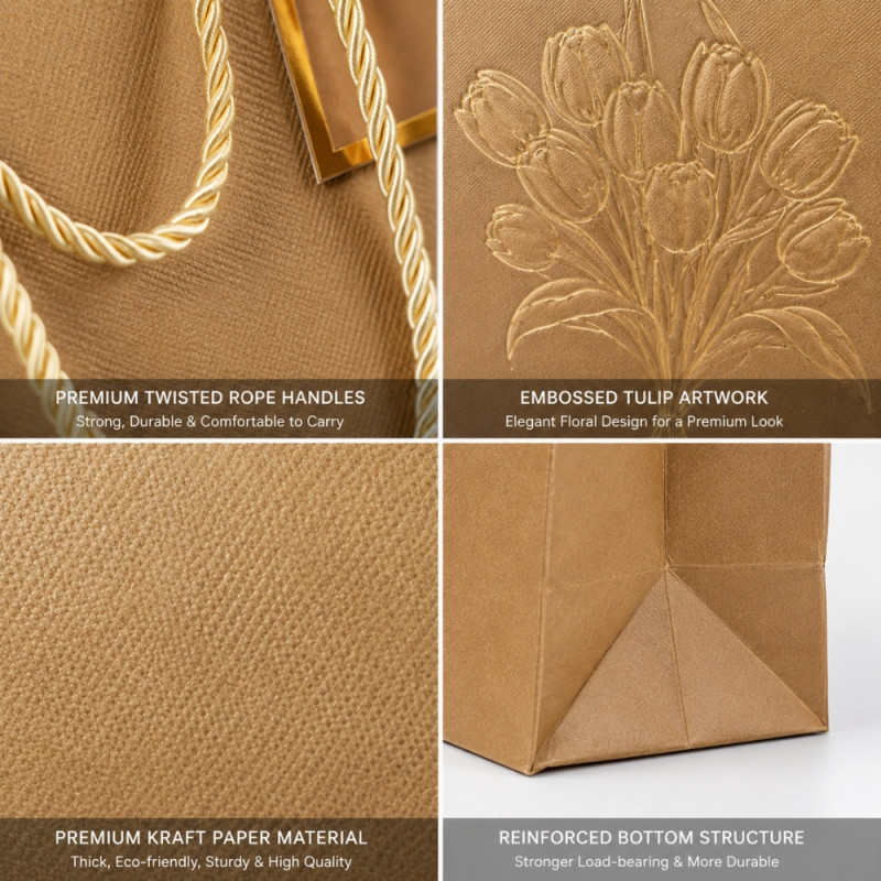 Luxury Gold Floral Paper Gift Bag – Elegant Botanical Design (40cm)