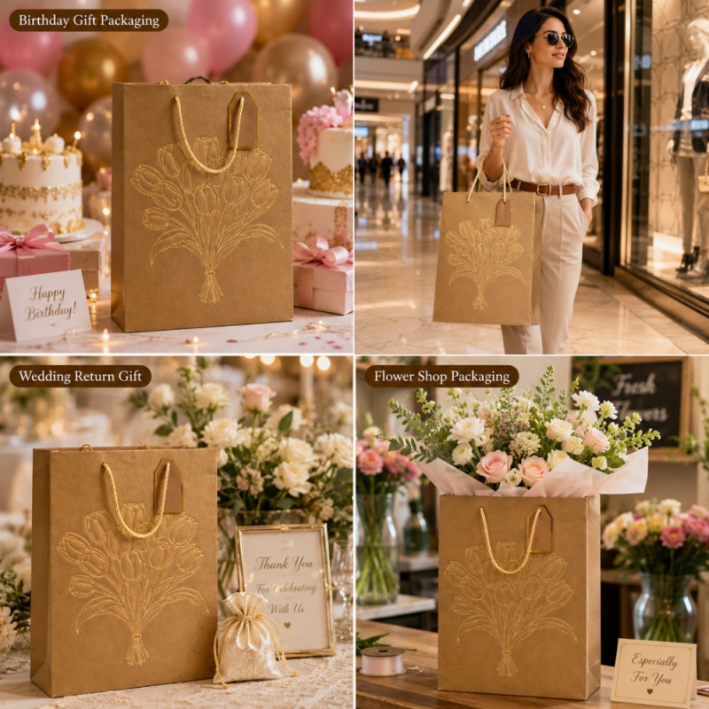 Luxury Gold Floral Paper Gift Bag – Elegant Botanical Design (40cm)