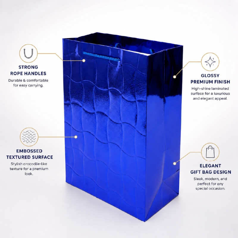 Royal Blue Metallic Geometric Textured Gift Bag – 32cm