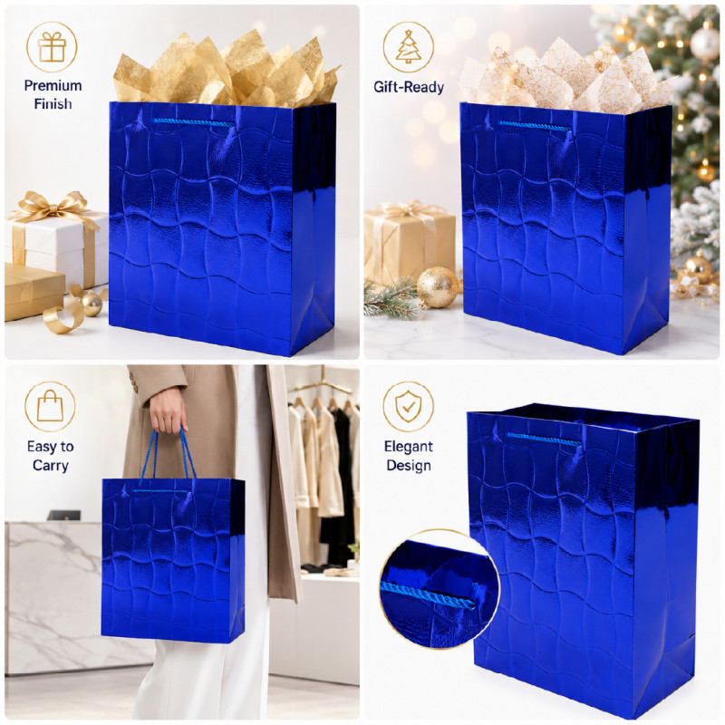 Royal Blue Metallic Geometric Textured Gift Bag – 32cm