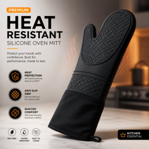Premium Heat-Resistant Silicone Oven Mitt with Quilted Lining – Black (49x16cm)