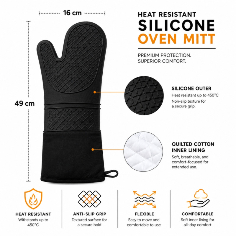 Premium Heat-Resistant Silicone Oven Mitt with Quilted Lining – Black (49x16cm)