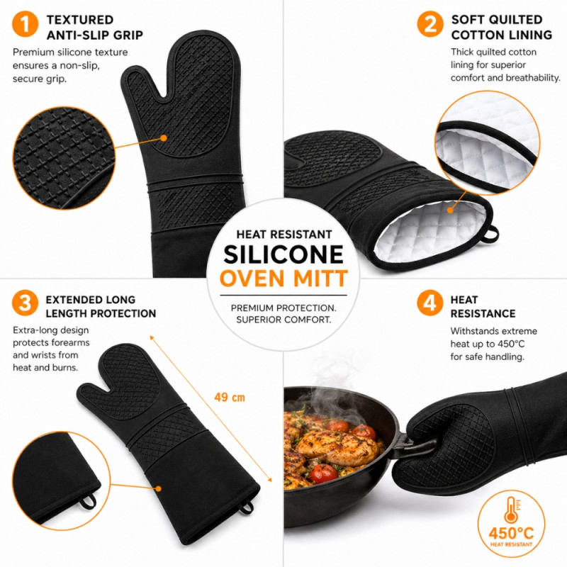 Premium Heat-Resistant Silicone Oven Mitt with Quilted Lining – Black (49x16cm)