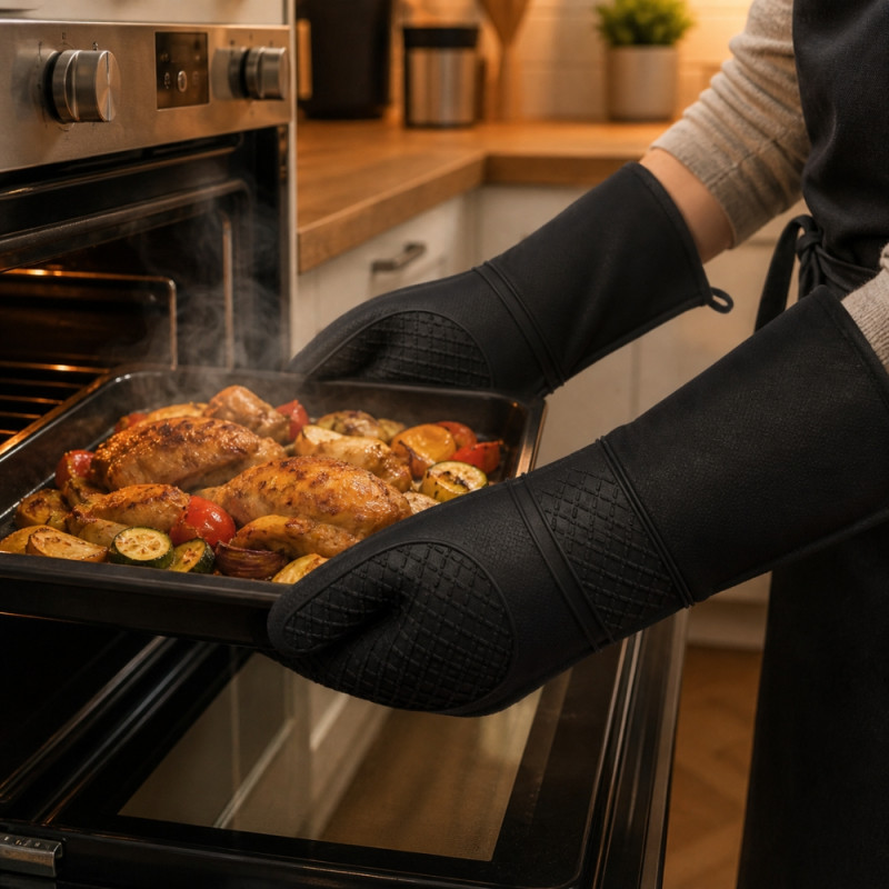 Premium Heat-Resistant Silicone Oven Mitt with Quilted Lining – Black (49x16cm)