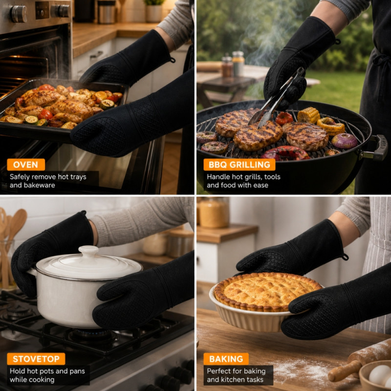 Premium Heat-Resistant Silicone Oven Mitt with Quilted Lining – Black (49x16cm)