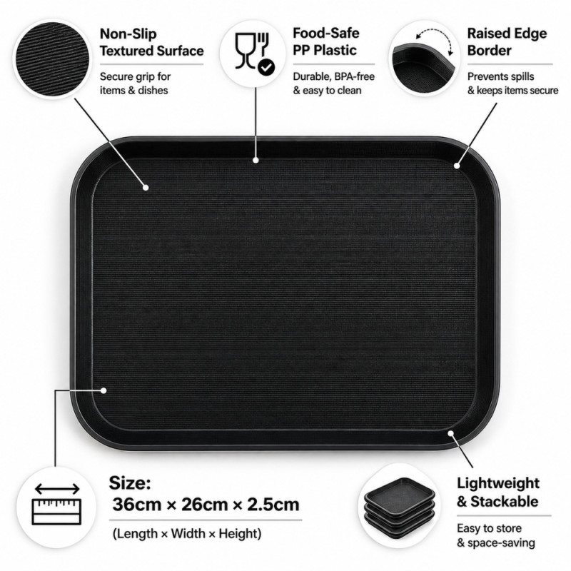 Professional PP Black Fast Food Serving Tray – Non-Skid Design (36cm)