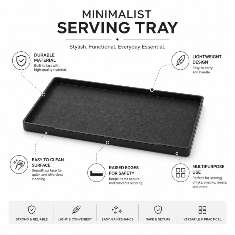 Professional Black Minimalist Serving Tray – Sleek Rectangular Design (34cm)