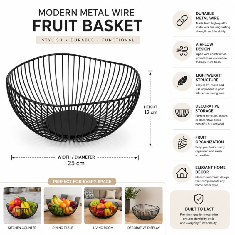 Modern Black Metal Wire Fruit Basket Designed for Durable and Functional Home Storage – Black