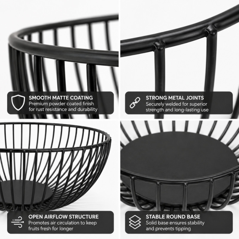 Modern Black Metal Wire Fruit Basket Designed for Durable and Functional Home Storage – Black