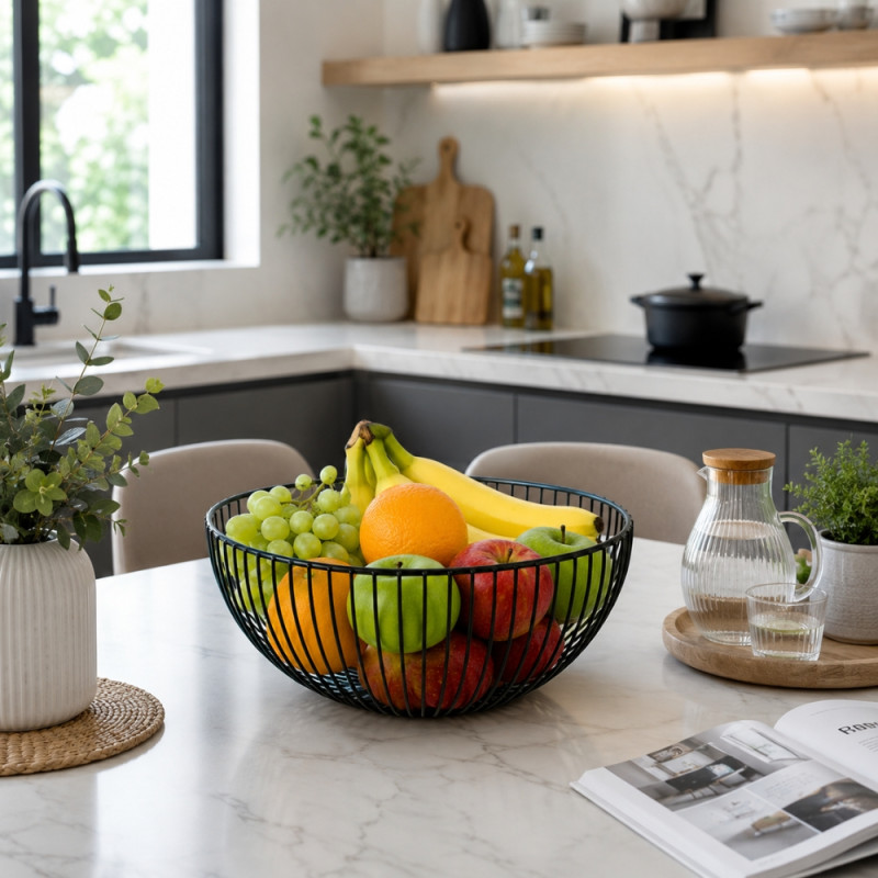 Modern Black Metal Wire Fruit Basket Designed for Durable and Functional Home Storage – Black