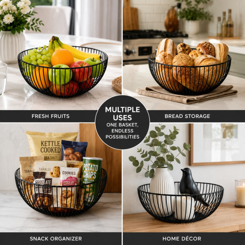 Modern Black Metal Wire Fruit Basket Designed for Durable and Functional Home Storage – Black