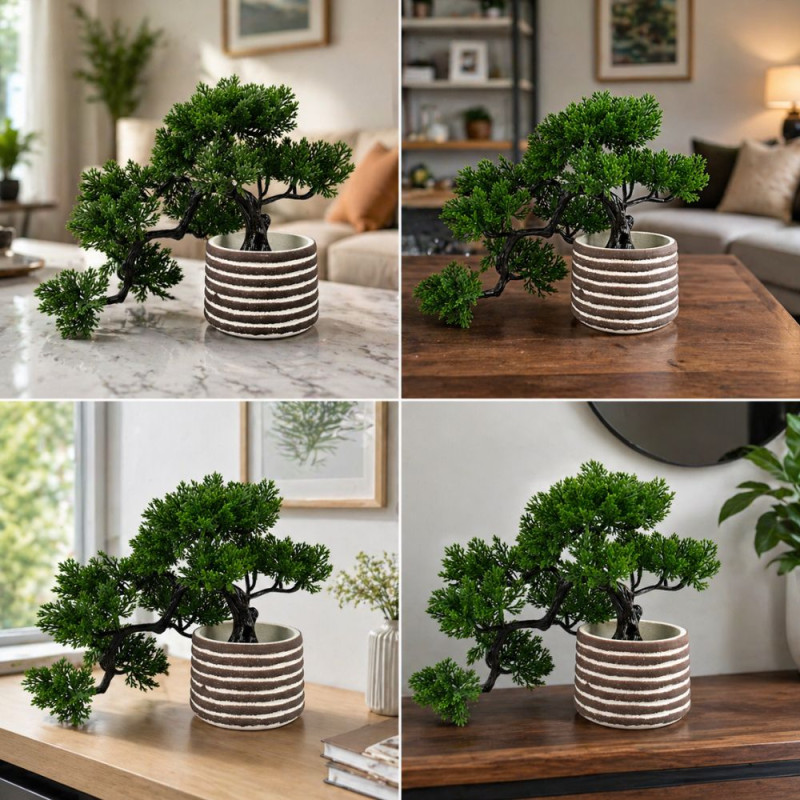 Professional Artificial Bonsai Tree – Zen Greenery in Light Brown & White Pot (28cm)