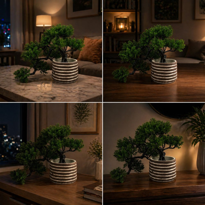 Professional Artificial Bonsai Tree – Zen Greenery in Light Brown & White Pot (28cm)