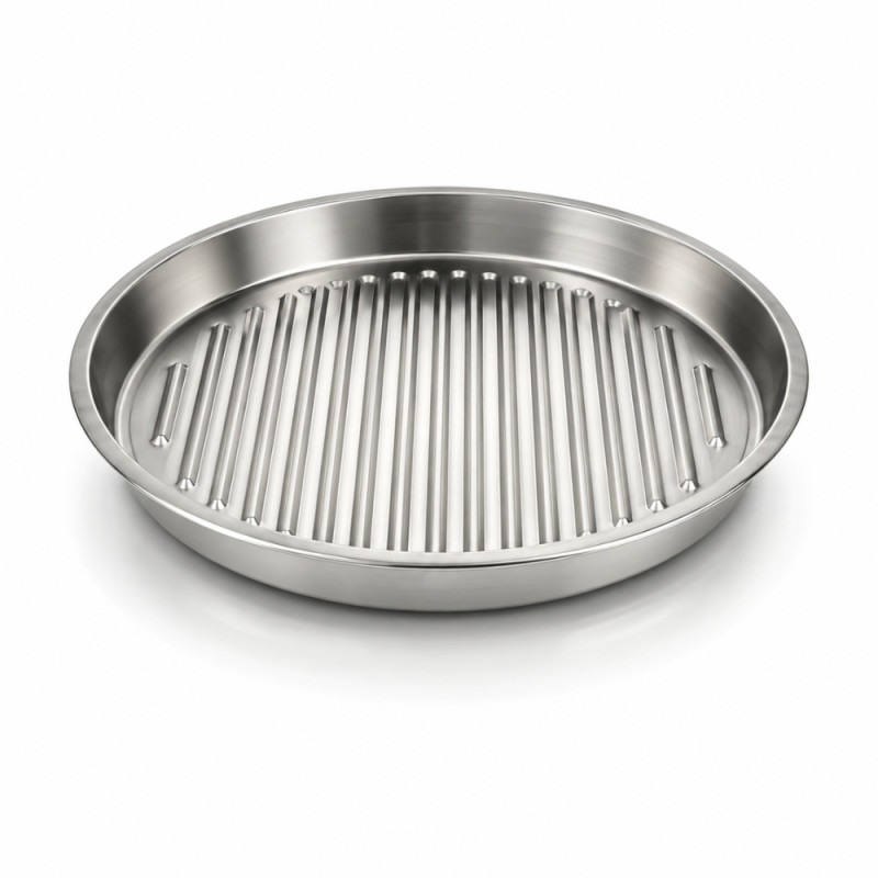 Korean-style stainless steel barbecue plate designed for grilling and serving.; 2.2 x 17.5 x 0cm; Silver