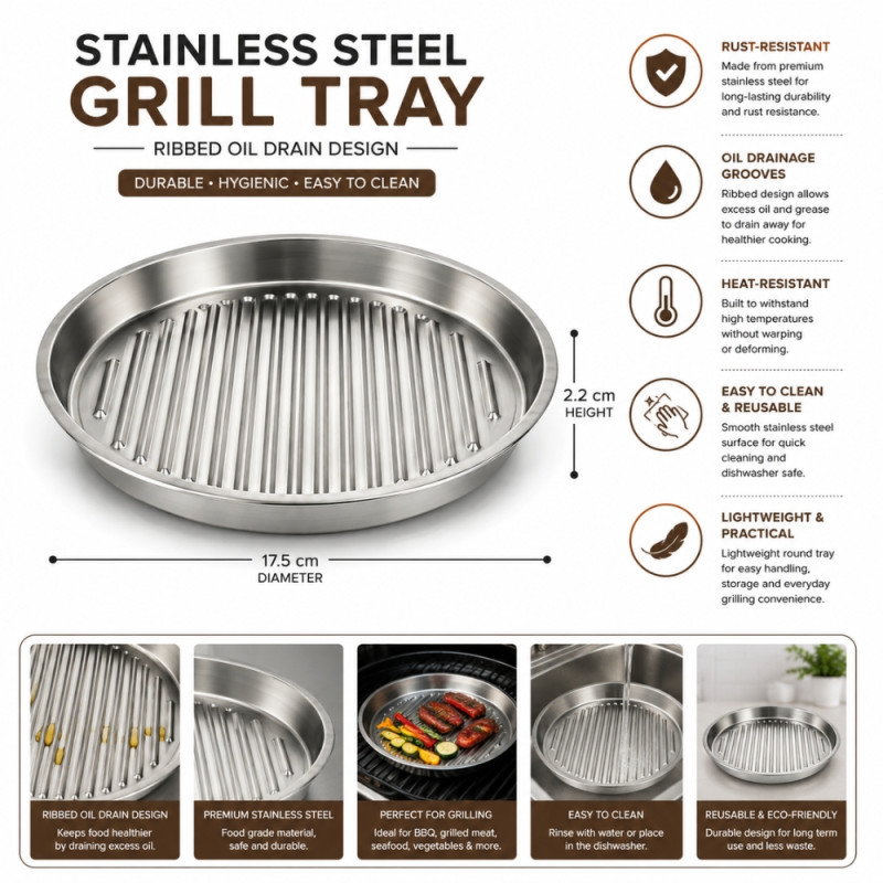Korean-style stainless steel barbecue plate designed for grilling and serving.; 2.2 x 17.5 x 0cm; Silver