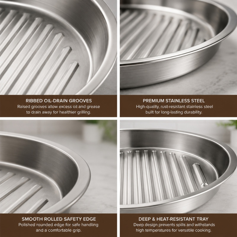 Korean-style stainless steel barbecue plate designed for grilling and serving.; 2.2 x 17.5 x 0cm; Silver