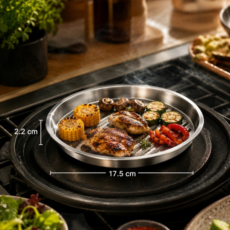 Korean-style stainless steel barbecue plate designed for grilling and serving.; 2.2 x 17.5 x 0cm; Silver