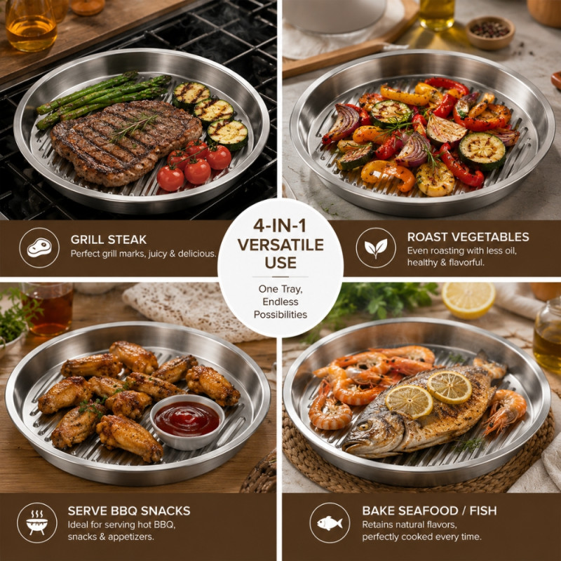 Korean-style stainless steel barbecue plate designed for grilling and serving.; 2.2 x 17.5 x 0cm; Silver